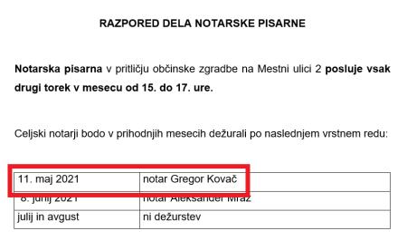 Notarska pisarna bo prihodnji torek